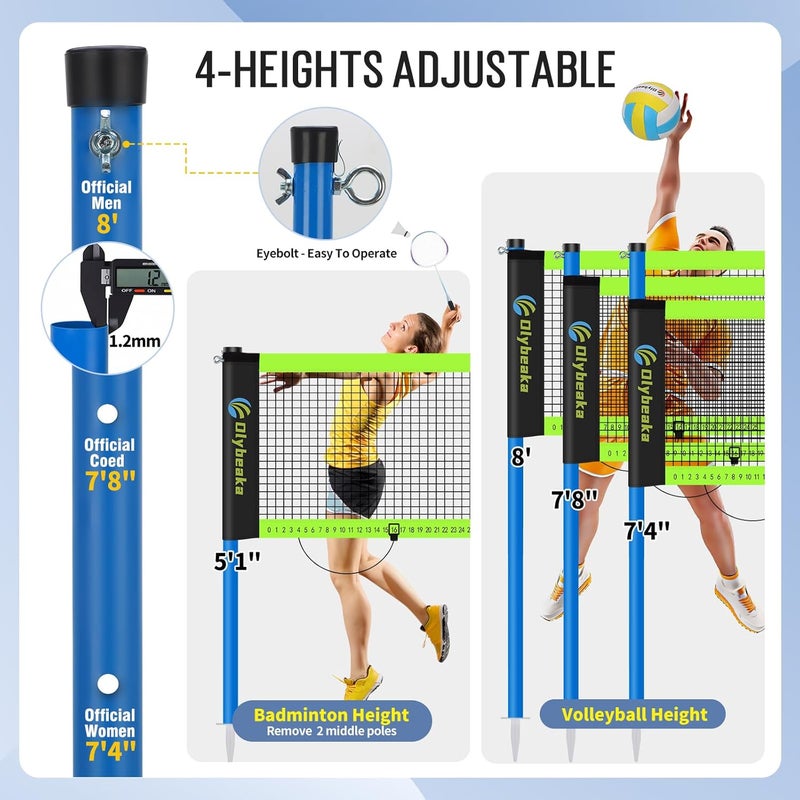 Olybeaka Outdoor Volleyball & Badminton Combo Net Set for Backyard, Beach with 2 Nets, Adjustable Poles, 4 Aluminum Rackets, PU Volleyball, Portable Carry Bag - Image 4